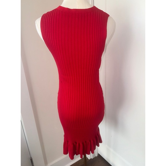 Women Red Sleeveless Ribbed Bodycon Midi Dress Ruffle Hem - Picture 4 of 5